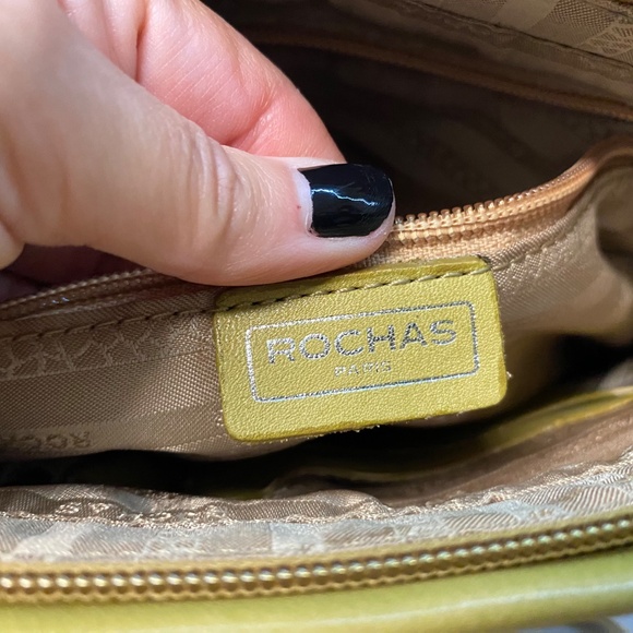 Rochas Paris Two Handle Purse Fabric & Leather 10" Tan / Green Phone Pouch - Picture 12 of 14